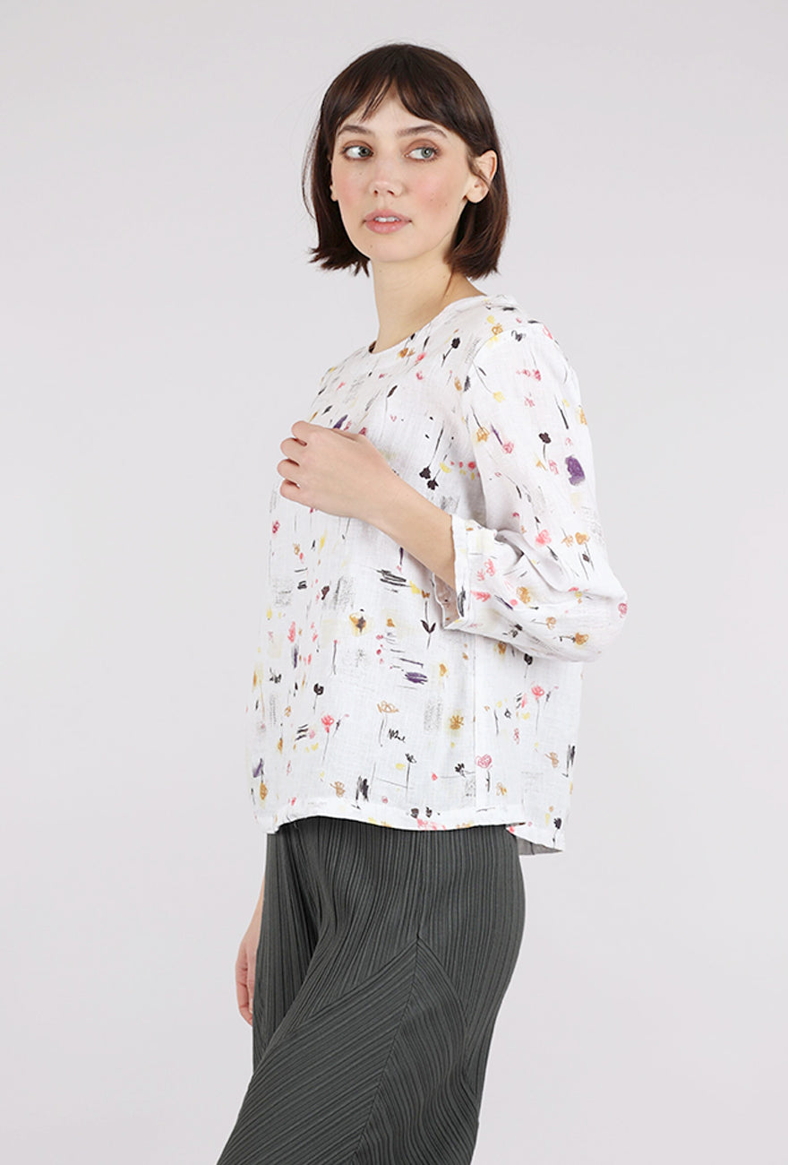 Cut Loose Graffiti Floral Linen Lantern Sleeve Top, Laundered 