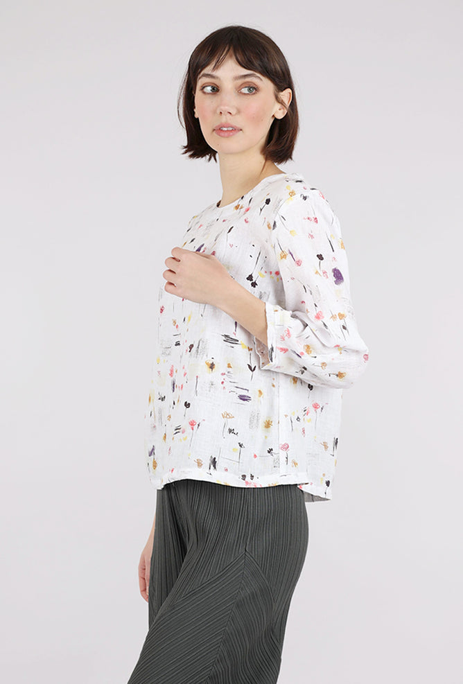 Graffiti Floral Linen Lantern Sleeve Top, Laundered