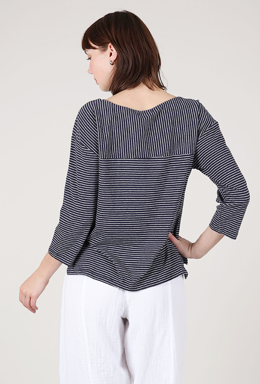 Mododoc Open-Neck Stripe Tee, Navy/White 