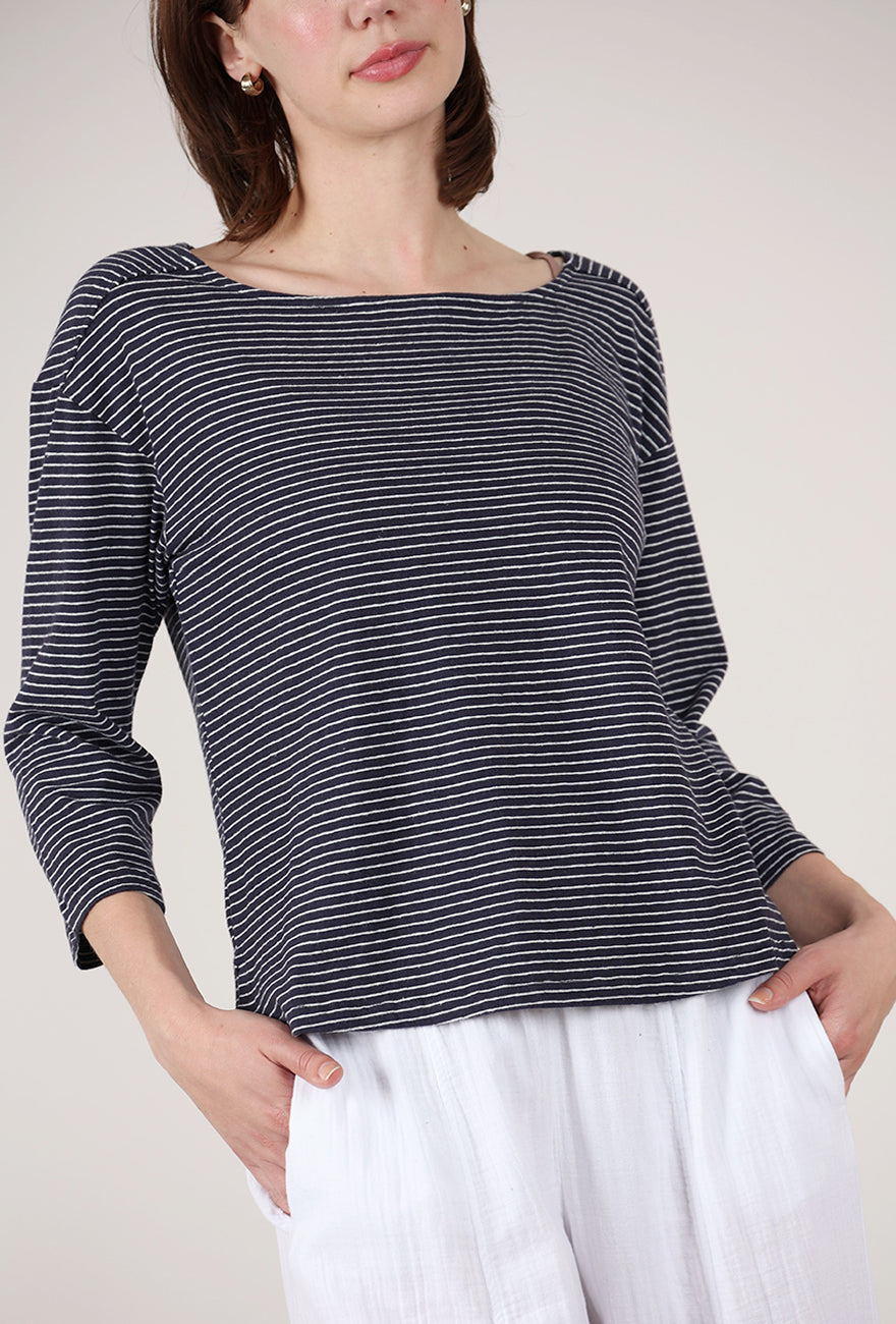 Mododoc Open-Neck Stripe Tee, Navy/White 