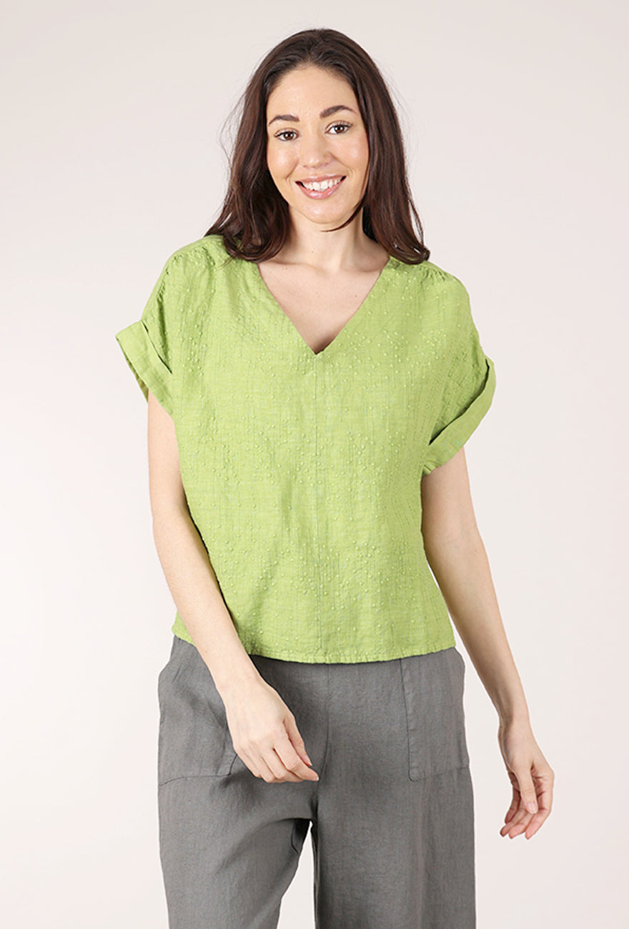 Blueberry Italia Embroidered Linen Vee Top, Kiwi 