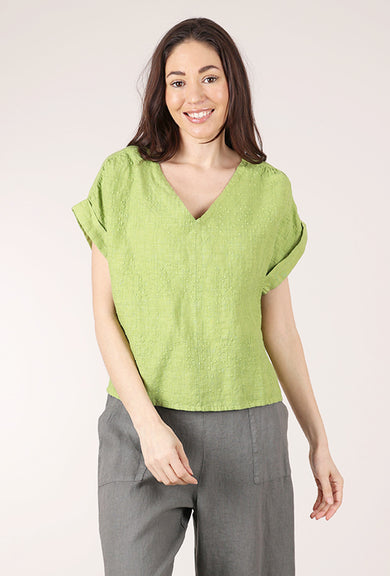 Blueberry Italia Embroidered Linen Vee Top, Kiwi 