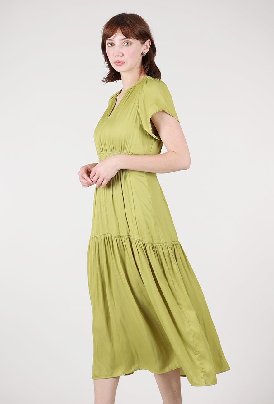 Grade & Gather Ruffle Sateen Midi Dress, Green Moss 