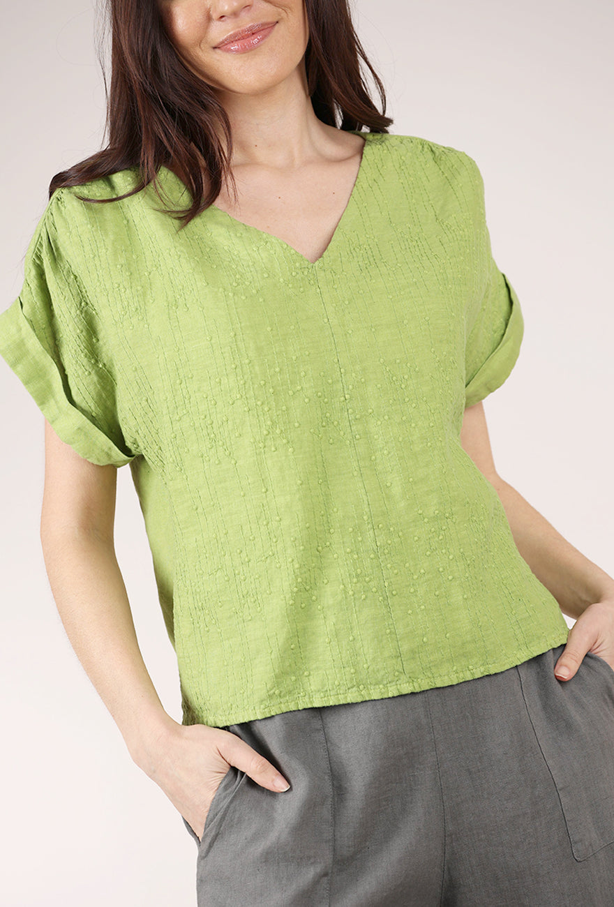Blueberry Italia Embroidered Linen Vee Top, Kiwi 