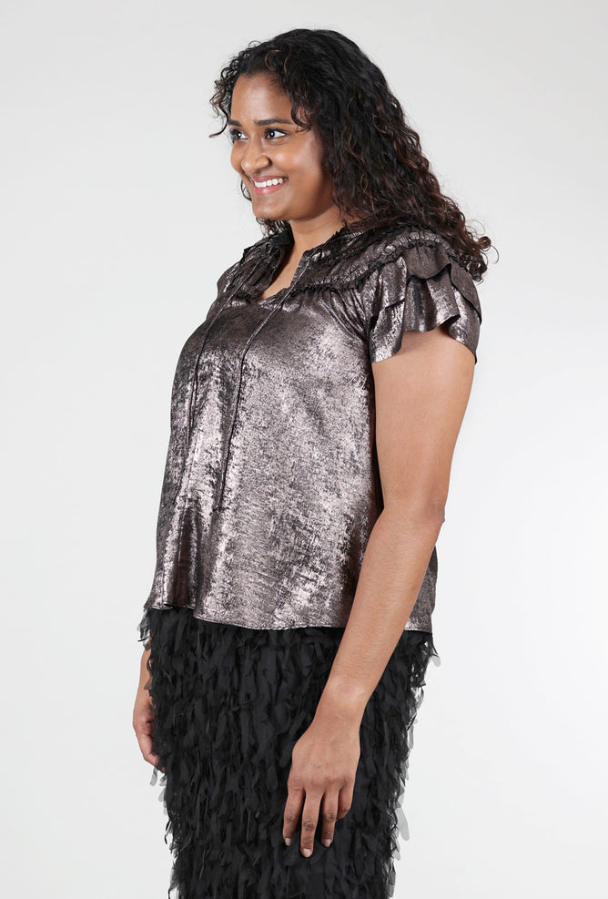 Grade & Gather Shimmer Ruffle S/L Top, Espresso 