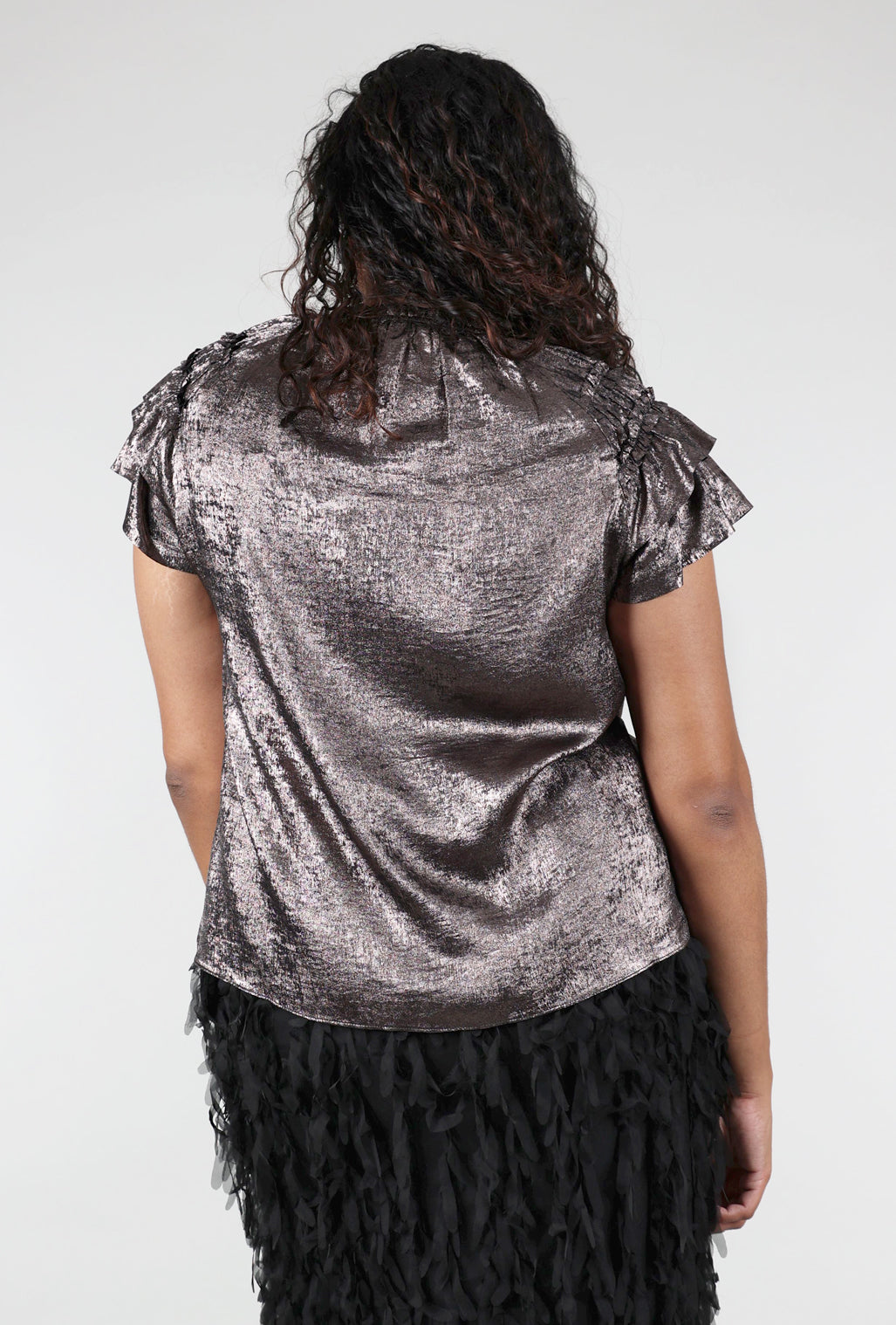 Grade & Gather Shimmer Ruffle S/L Top, Espresso 