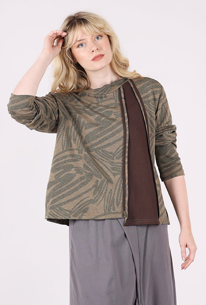 Moonlight Inset Panel Funnel Neck Knit Top, Brown/Gray 