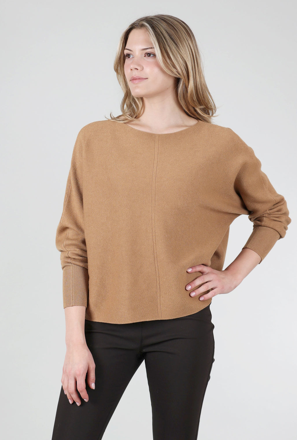 M Made in Italy Hip-Skim Dolman Sweater, Dark Doe 