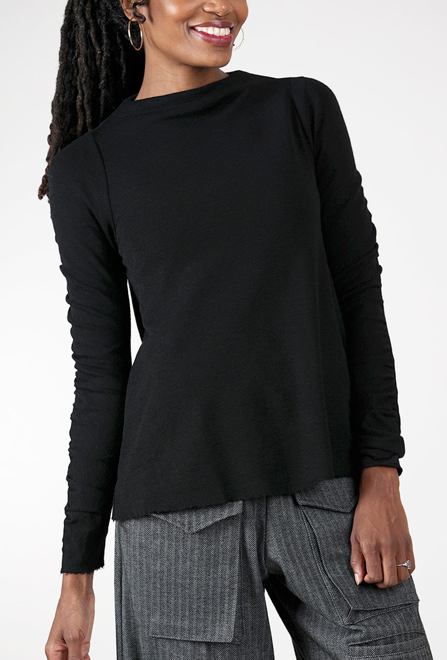 Gather Sleeve Wool Top, Black Angle 4