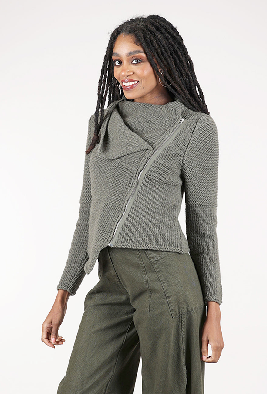 Lurdes Bergada Drape-Neck Chunky Zip Sweater, Khaki 