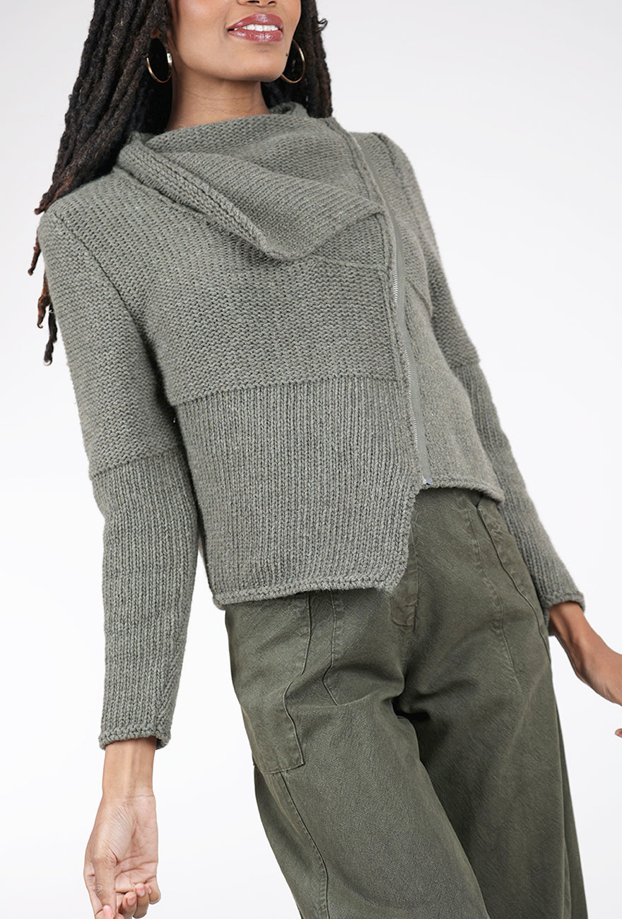 Lurdes Bergada Drape-Neck Chunky Zip Sweater, Khaki 