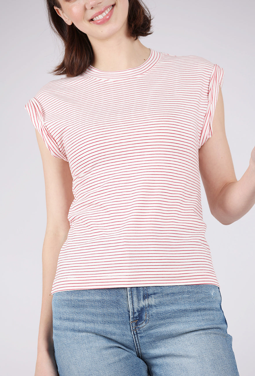 Pistola Olivia Rolled Sleeve Tee, White/Ruby Stripe 