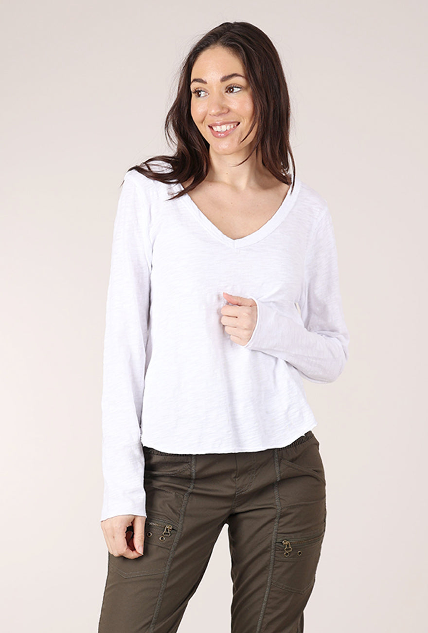 Mododoc L/S Vee Flowy Tee, White 