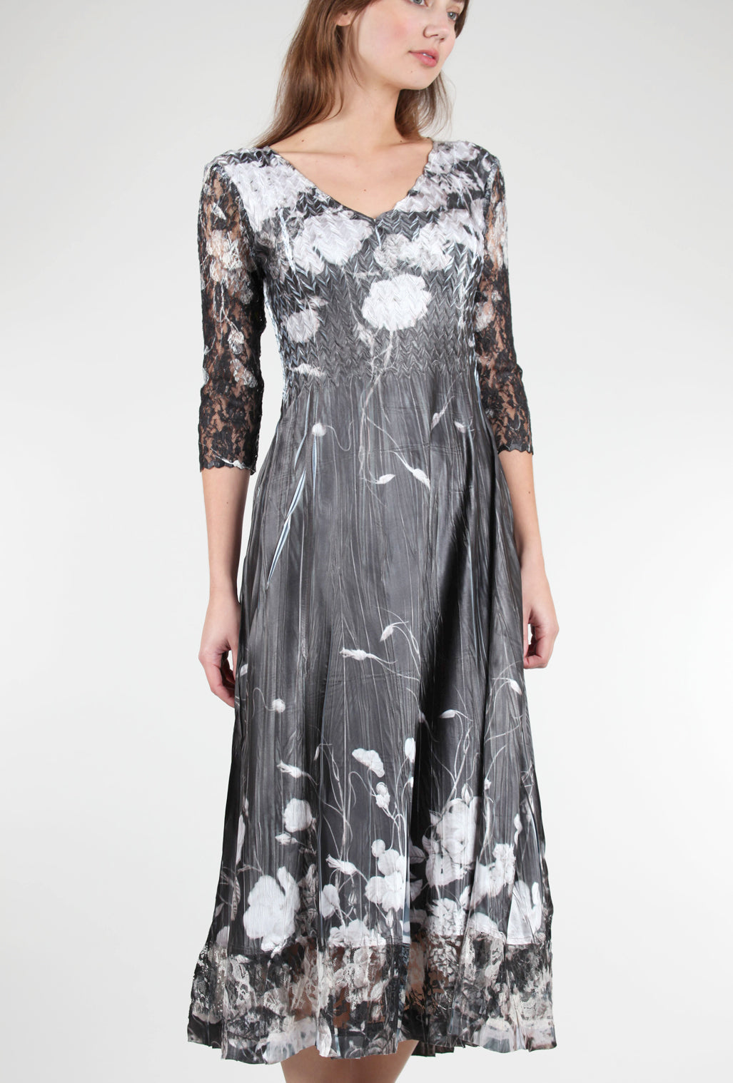 Komarov Lace Sleeve Charmeuse Dress, Black Opium 