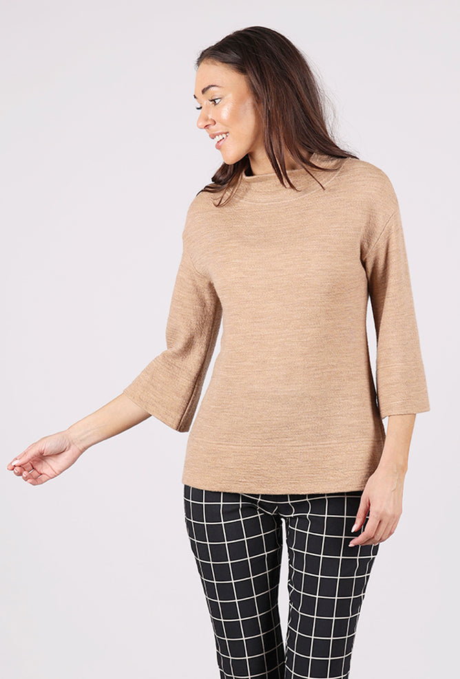 Cotton Wool Mockneck Sweater, Light Camel Melange