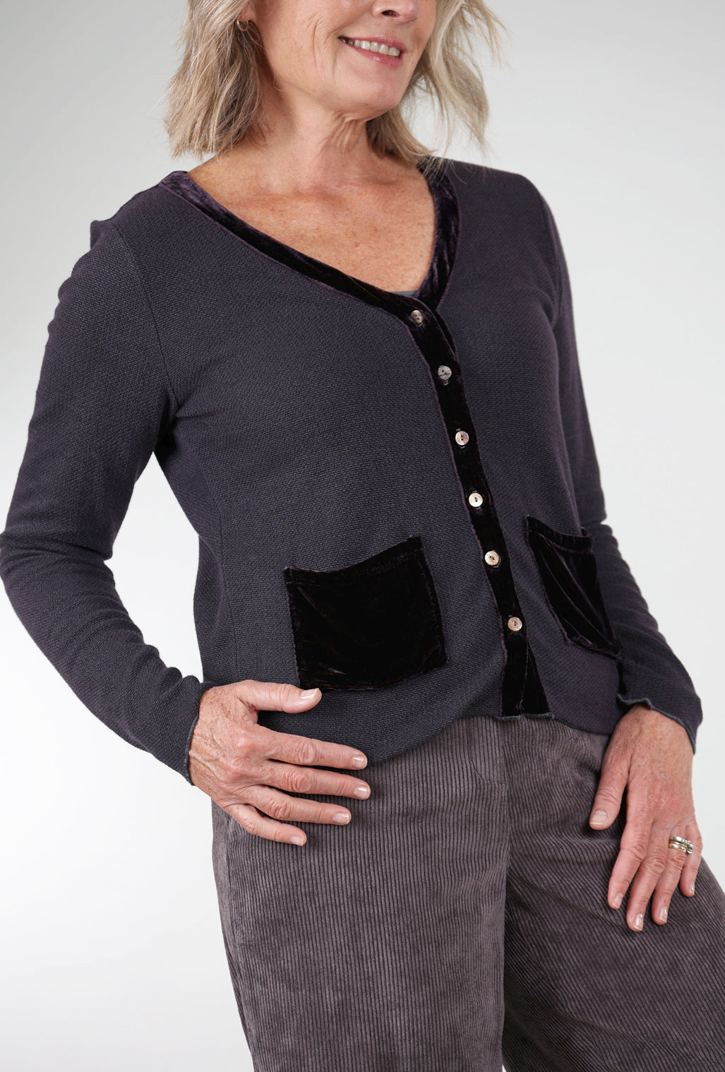 Cut Loose Marble Knit Velvet Pocket Sweater, Anthracite 