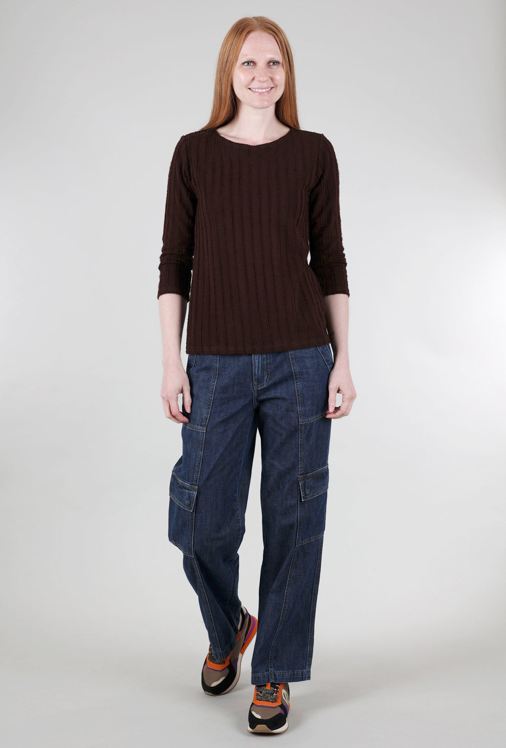 Cut Loose Frayed Stripe Boatneck Tee, Mahogany 