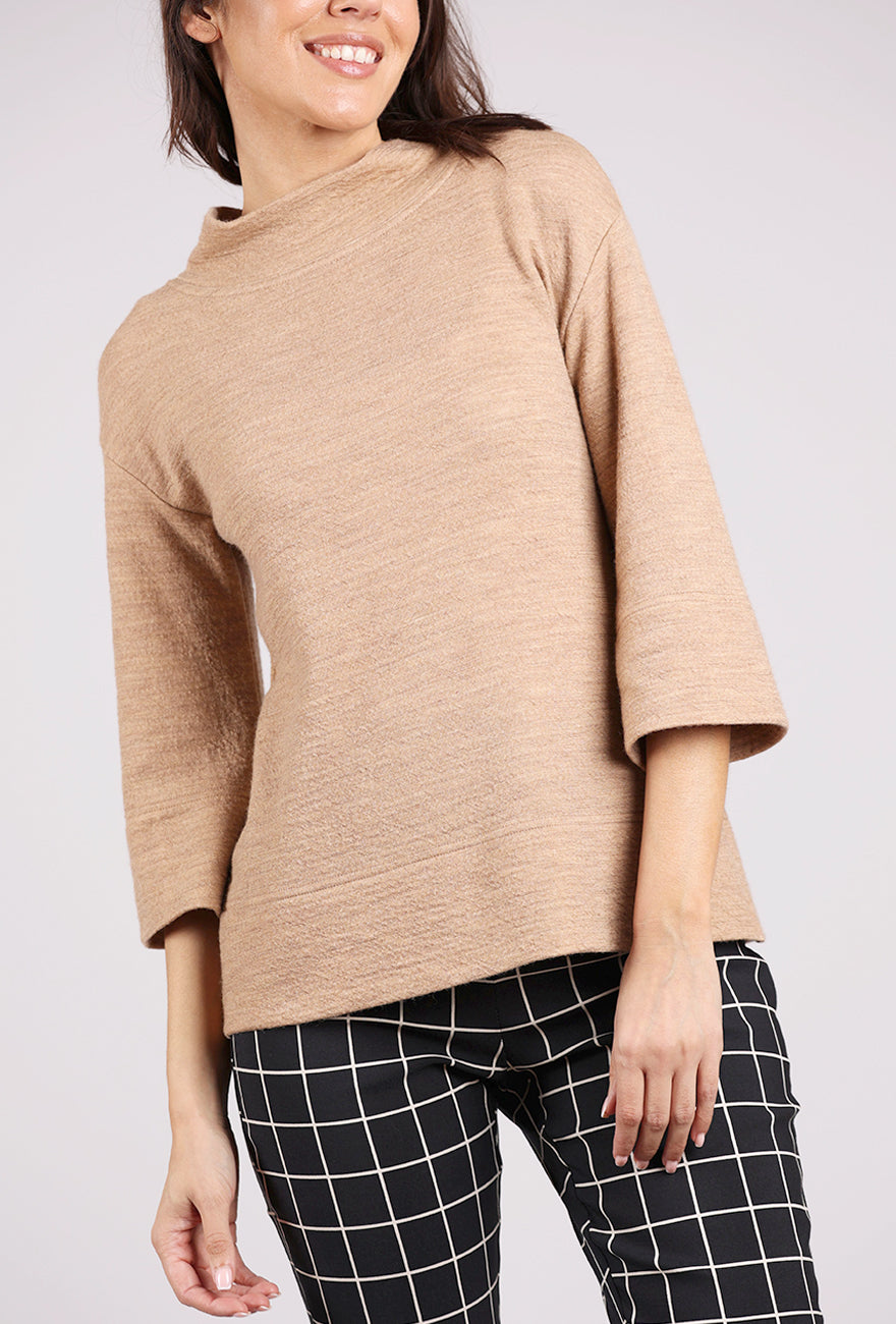 Cotton Wool Mockneck Sweater, Light Camel Melange