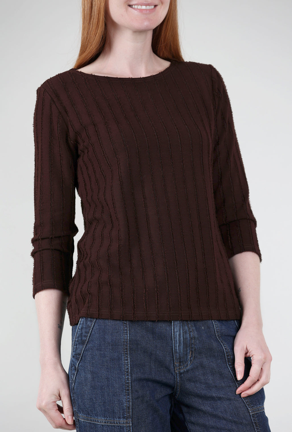 Cut Loose Frayed Stripe Boatneck Tee, Mahogany 