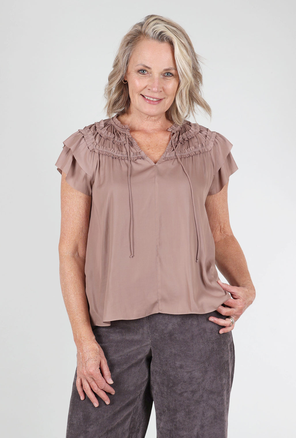 Grade & Gather Ruffle Detail S/L Sateen Top, Dusty Orchid 