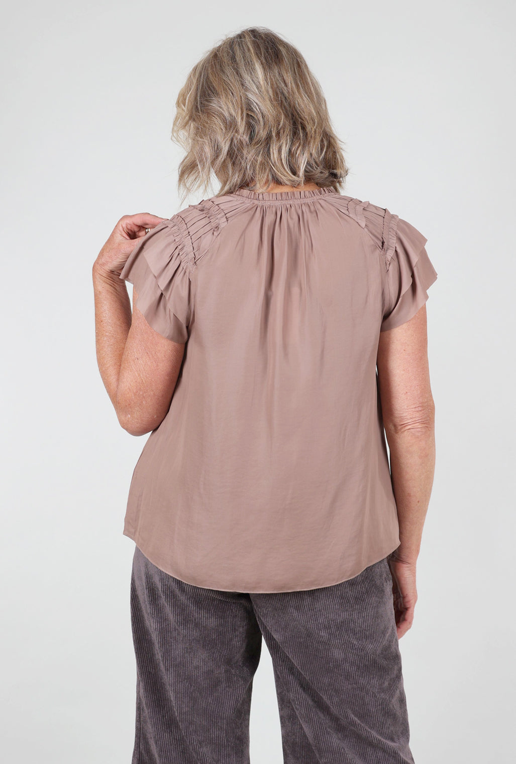 Grade & Gather Ruffle Detail S/L Sateen Top, Dusty Orchid 