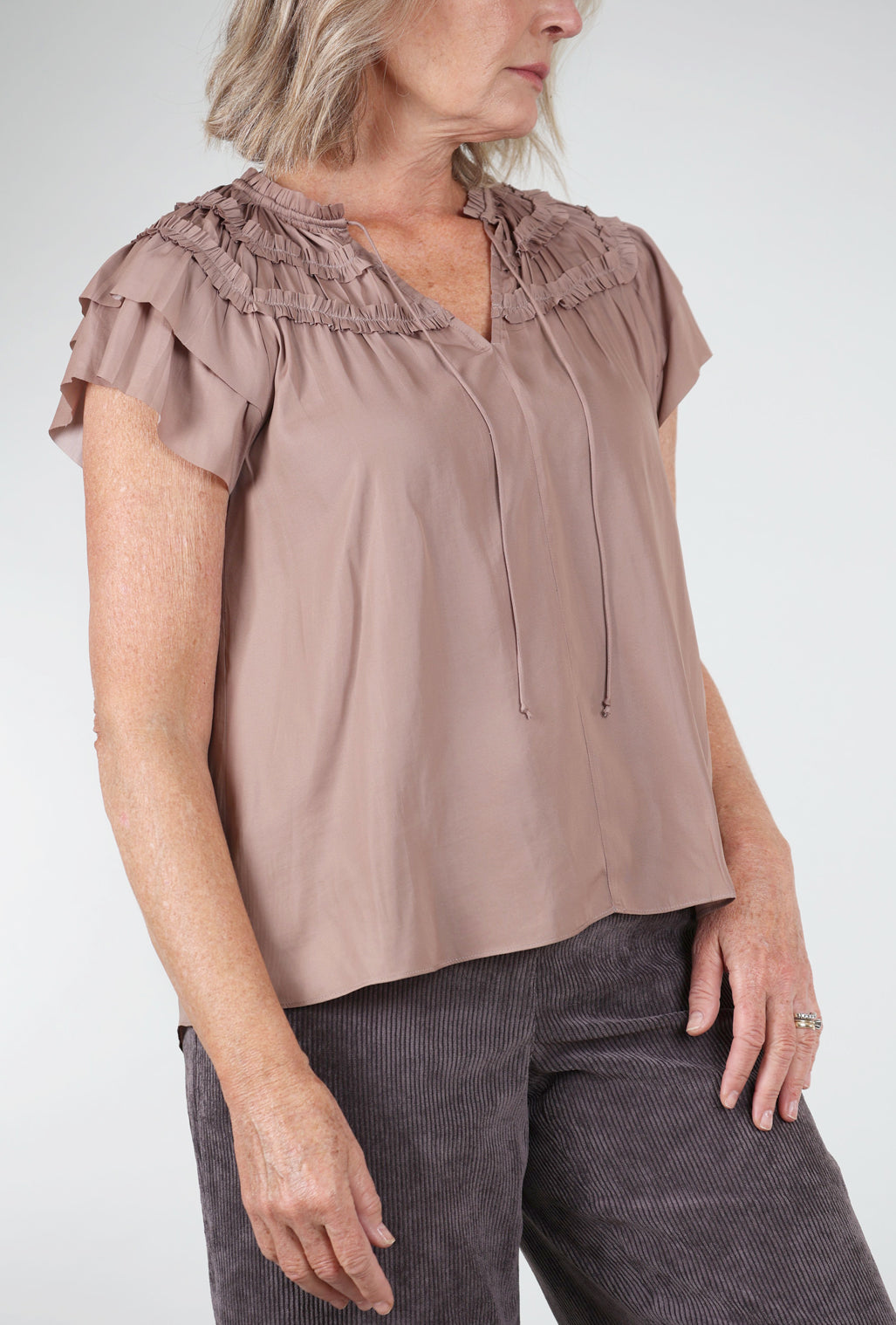 Grade & Gather Ruffle Detail S/L Sateen Top, Dusty Orchid 