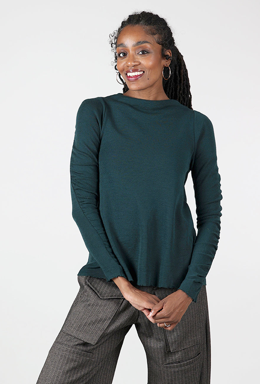 Gather Sleeve Wool Top, Bottle Green
