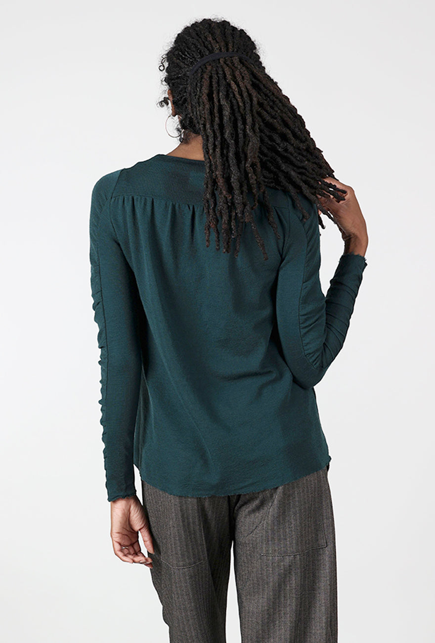 Gather Sleeve Wool Top, Bottle Green