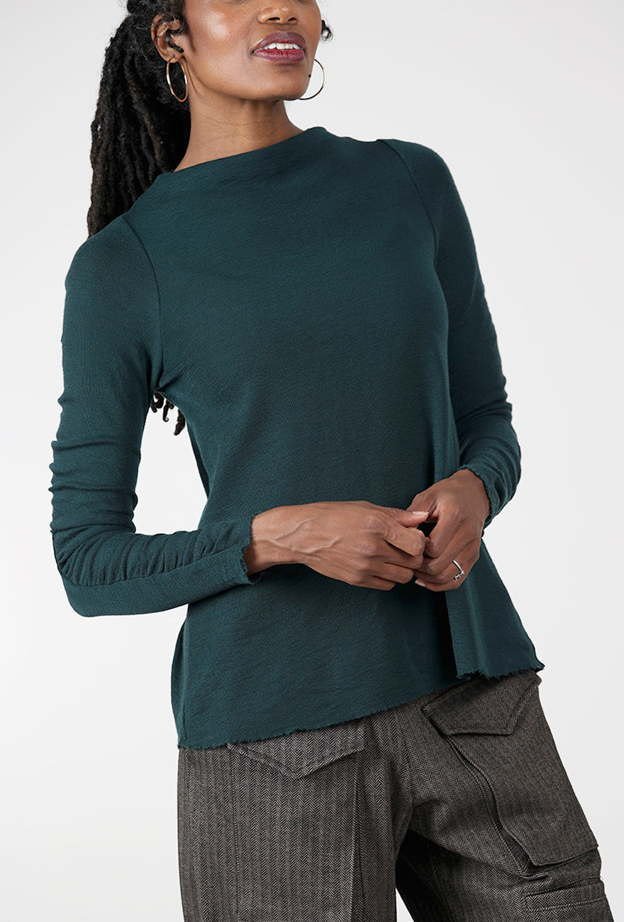 Gather Sleeve Wool Top, Bottle Green