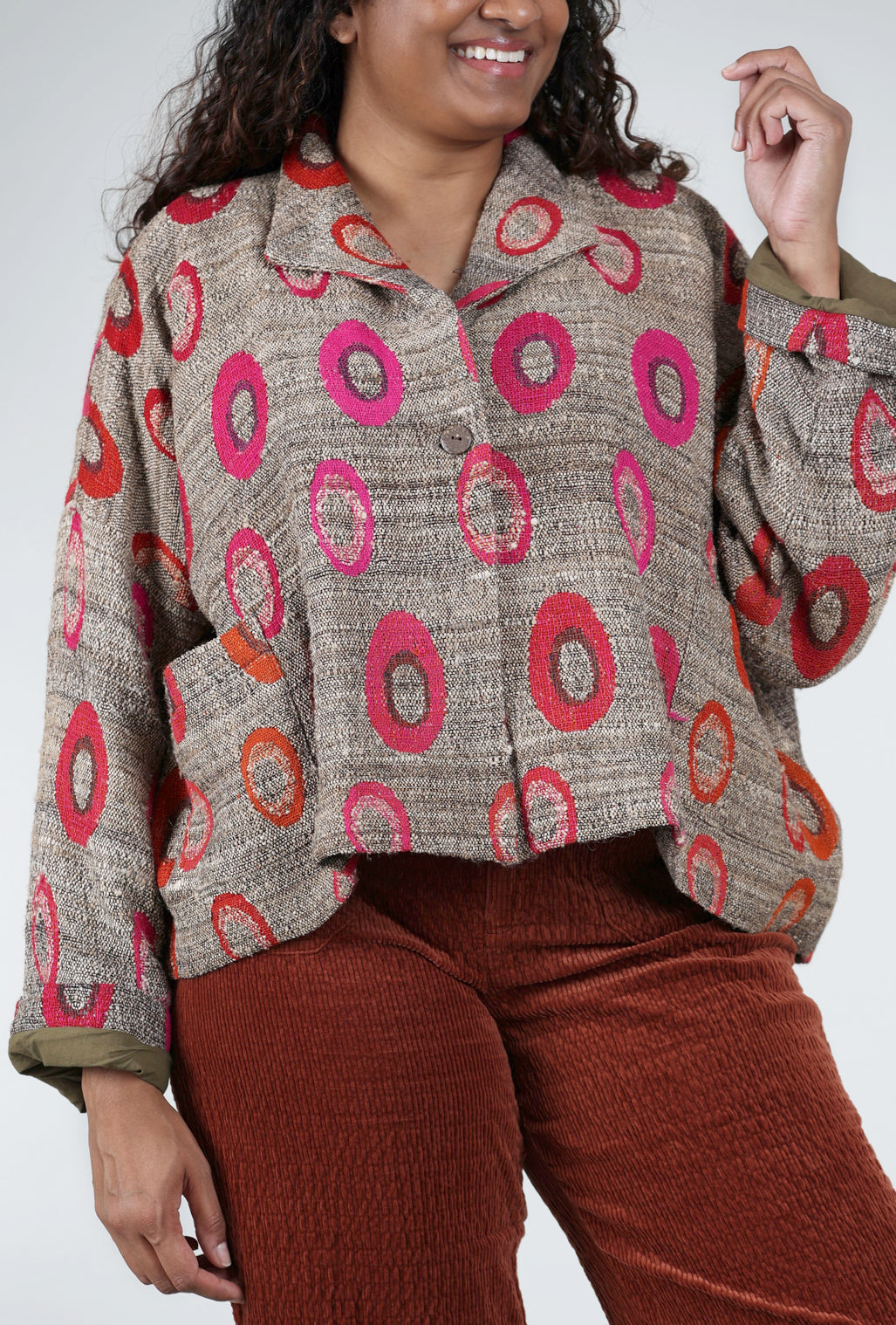 Neeru Kumar Wool Swing Annie Jacket, Khaki/Fuchsia 