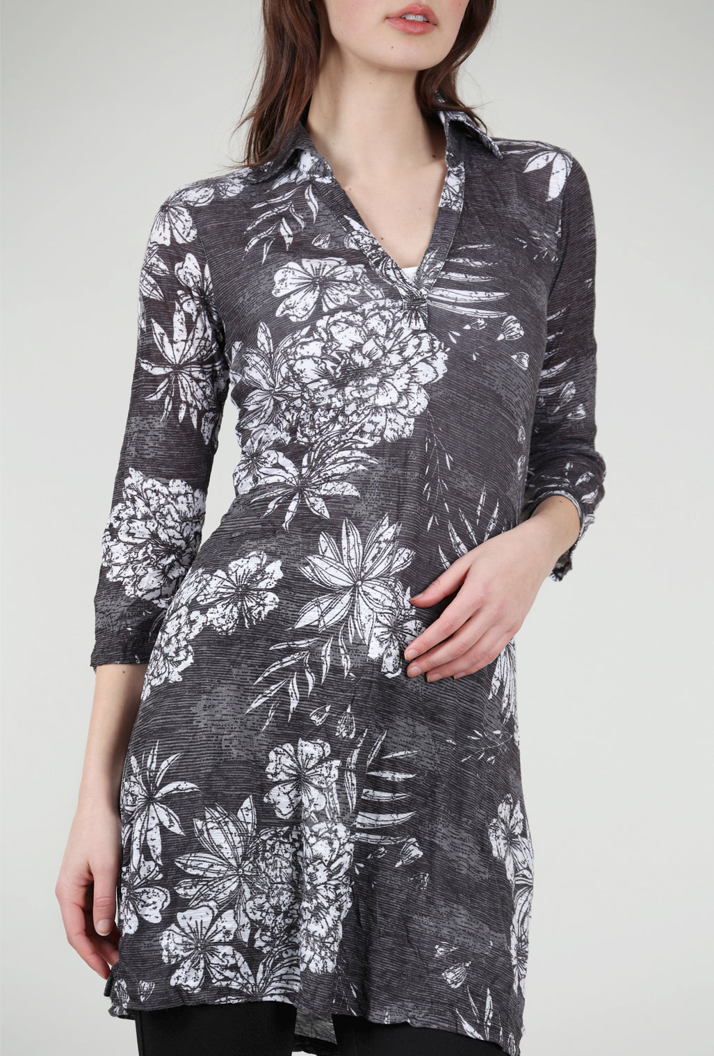 David Cline 3/4-Sleeve Polo Dress, Onyx Print 