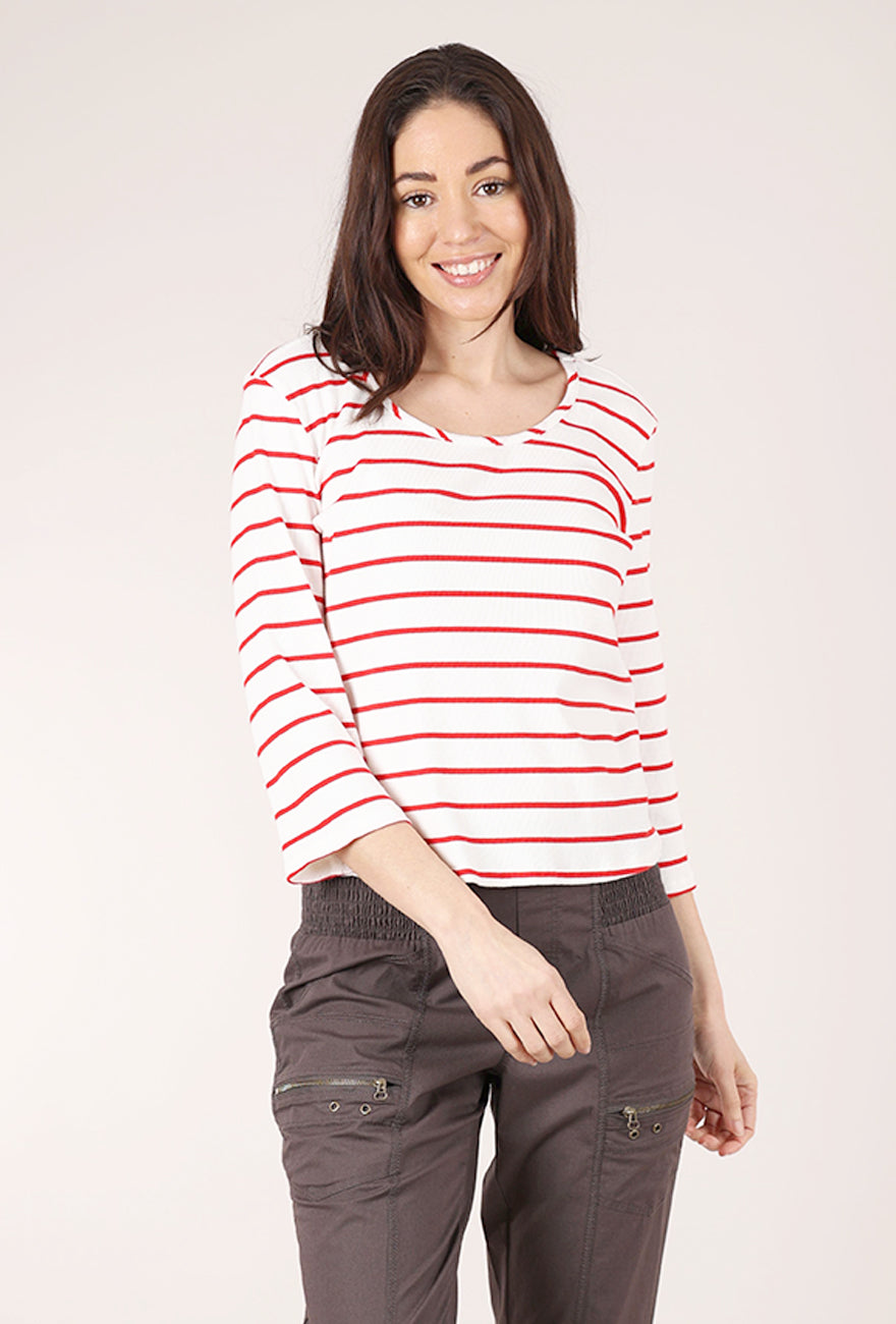 Mododoc Ribbed Open Neck Boxy Tee, Ivory/Red 