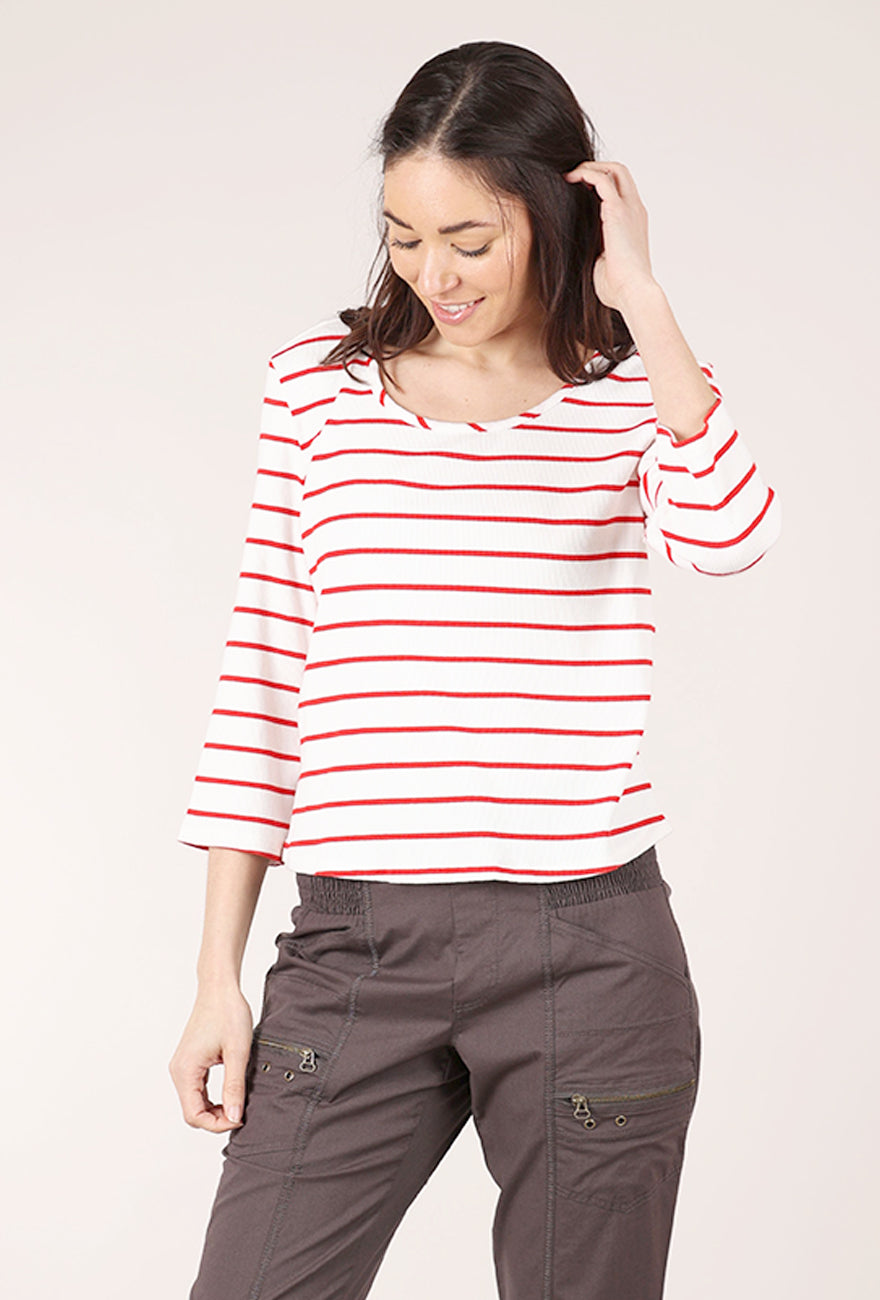 Mododoc Ribbed Open Neck Boxy Tee, Ivory/Red 