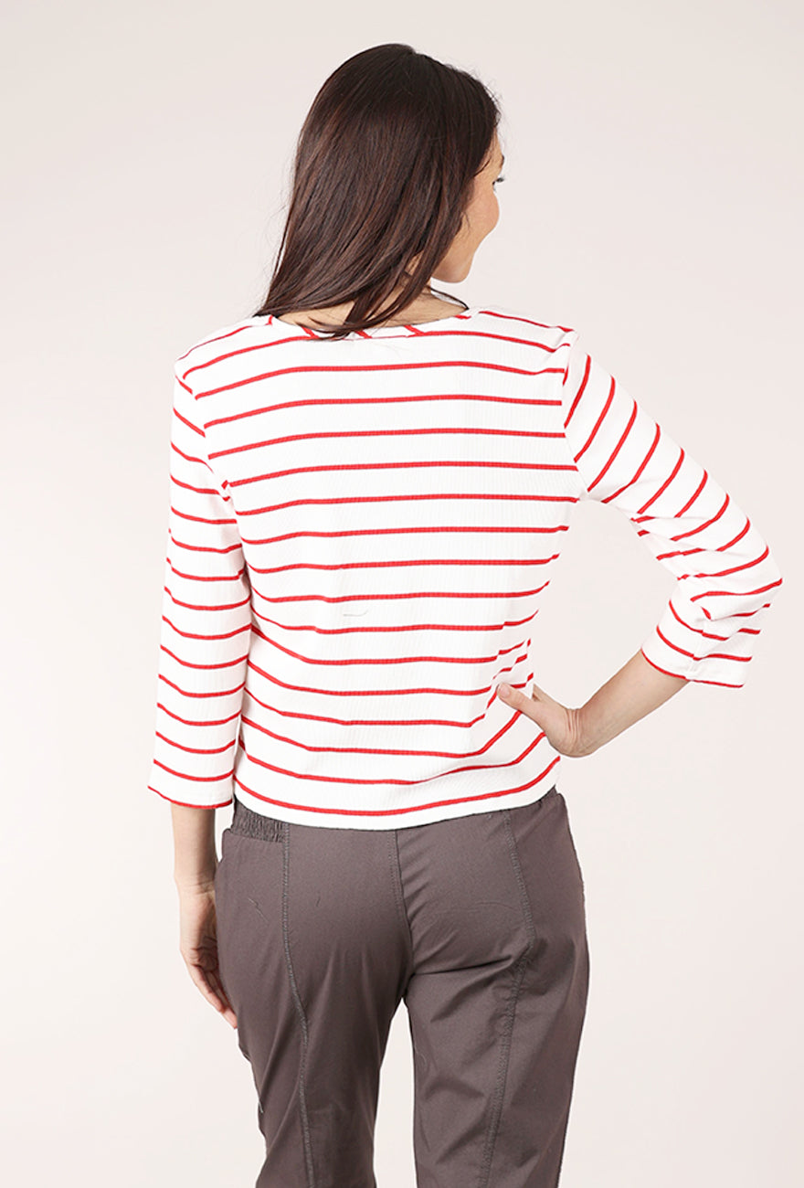 Mododoc Ribbed Open Neck Boxy Tee, Ivory/Red 