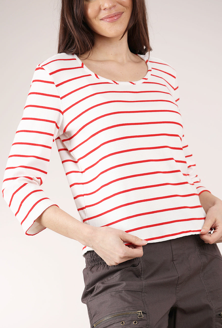 Mododoc Ribbed Open Neck Boxy Tee, Ivory/Red 