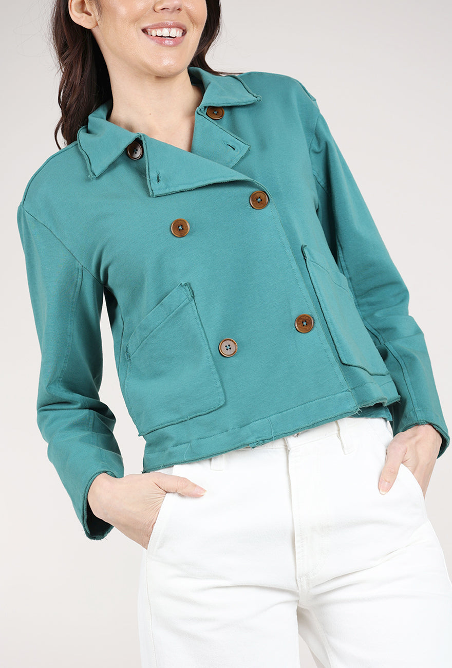 Mododoc Double-Breasted Crop Jacket, Frozen Teal 