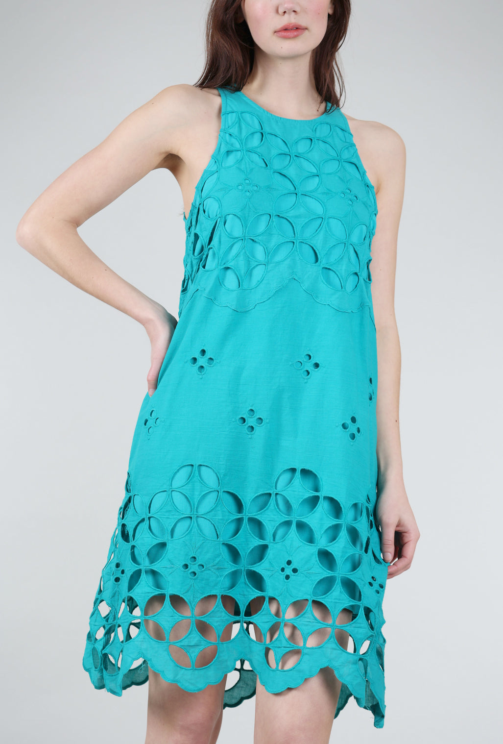 Mystree Eyelet Halter Dress, Emerald 