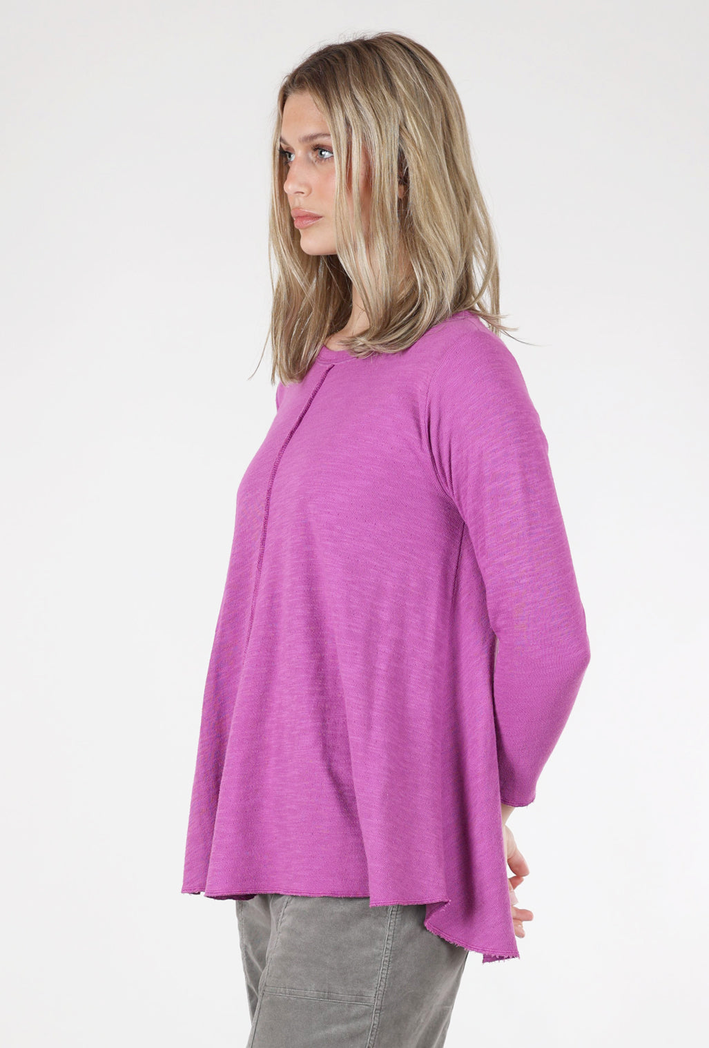 North Star Base High-Low Raw Seam Tee, Mulberry 