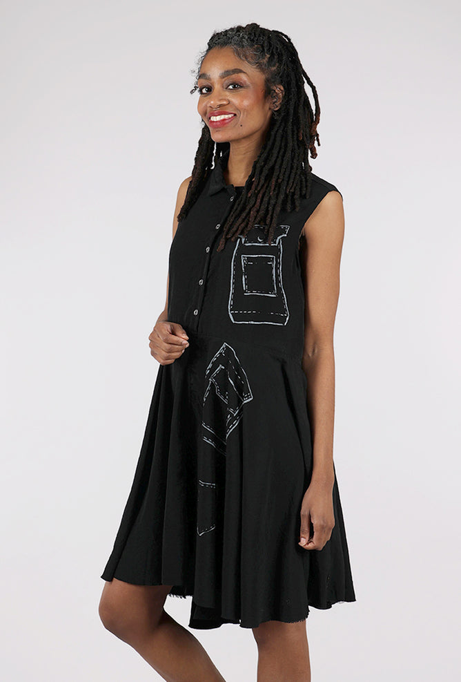 Paper Temples Peppy Dress, Black/Stitch Print 