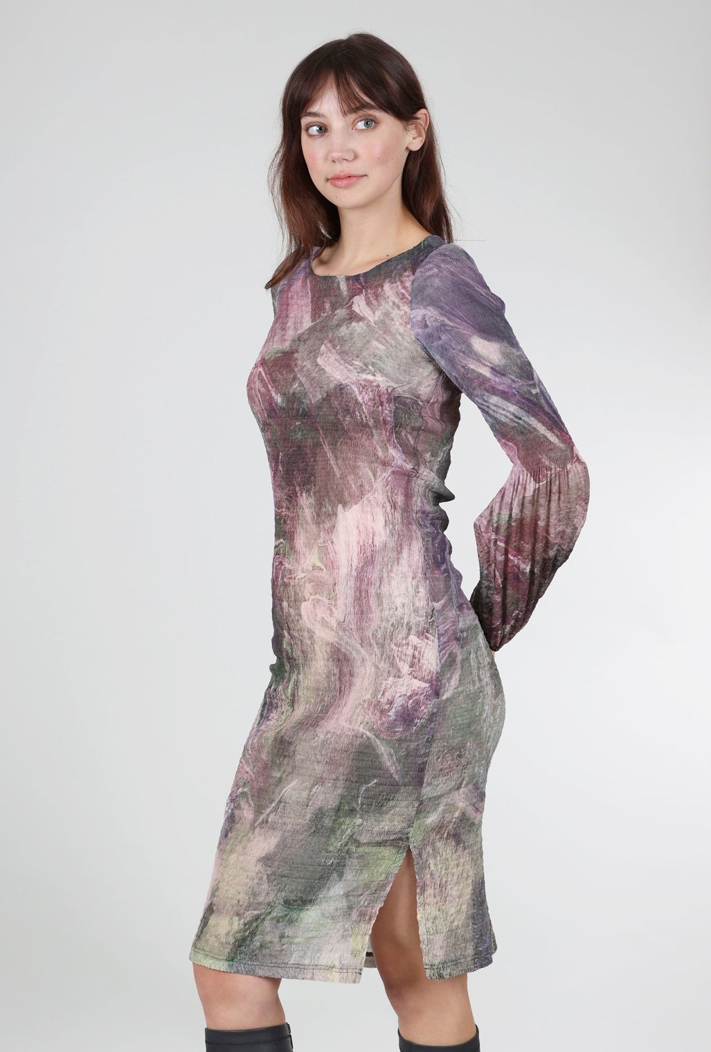 Cotelac Watercolor Puff-Sleeve Dress, Mauve Mix 