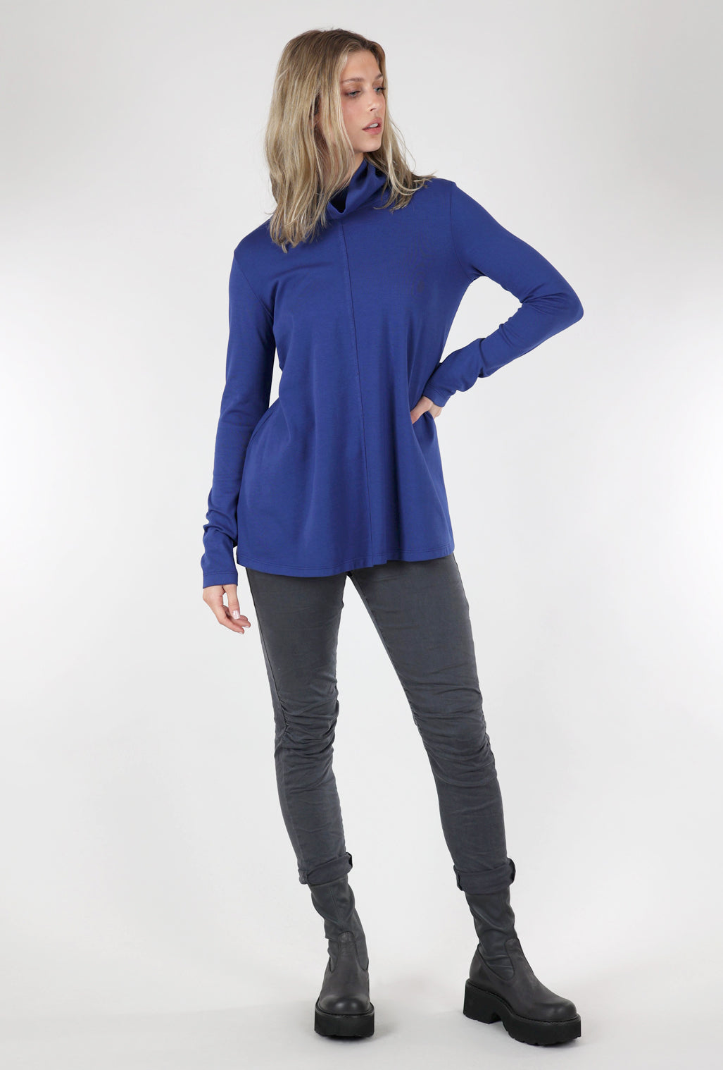 Eleven Stitch Foldover Turtleneck Top, Starry Night Blue 