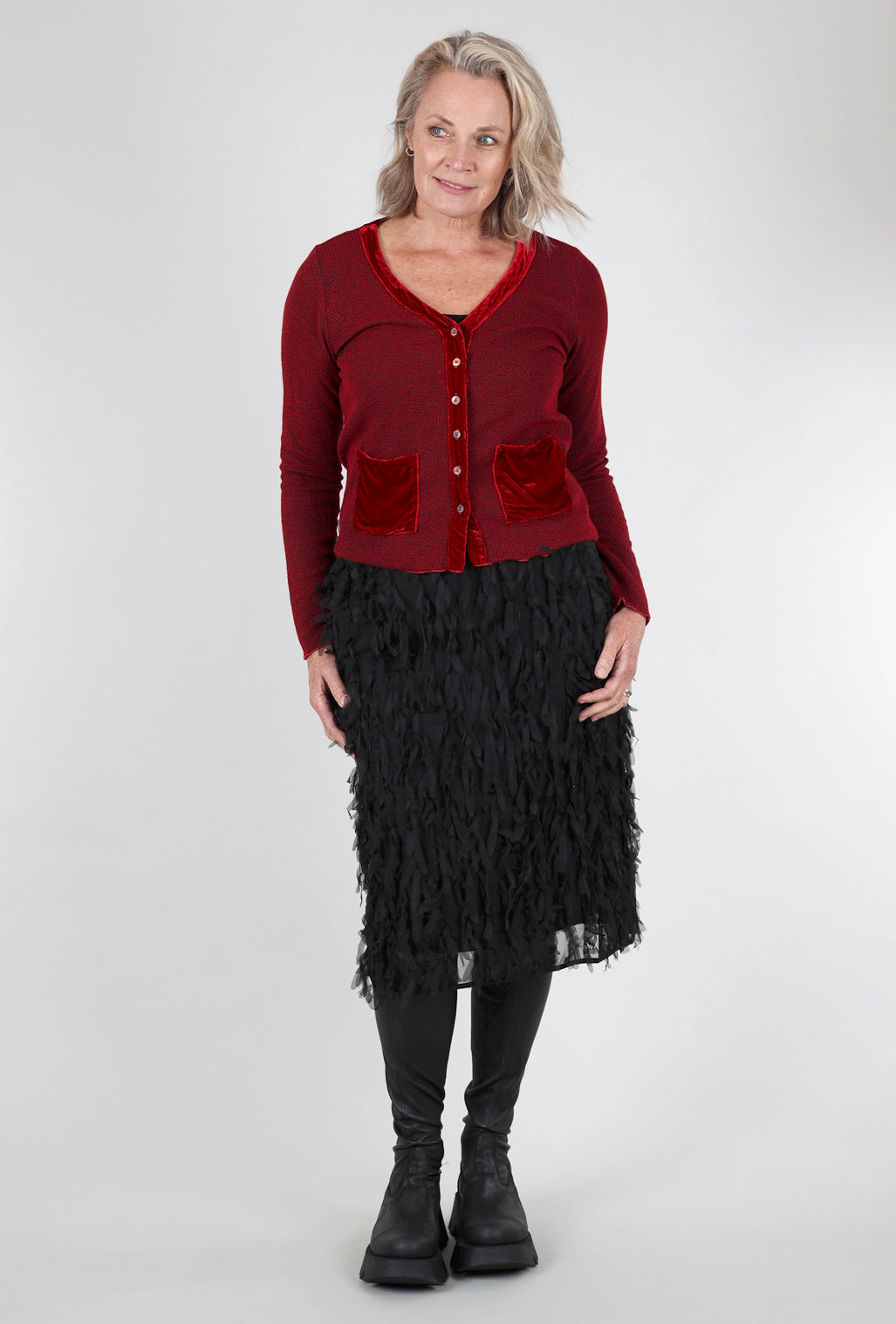 Cut Loose Marble Knit Velvet Pocket Sweater, Cardinal Red 