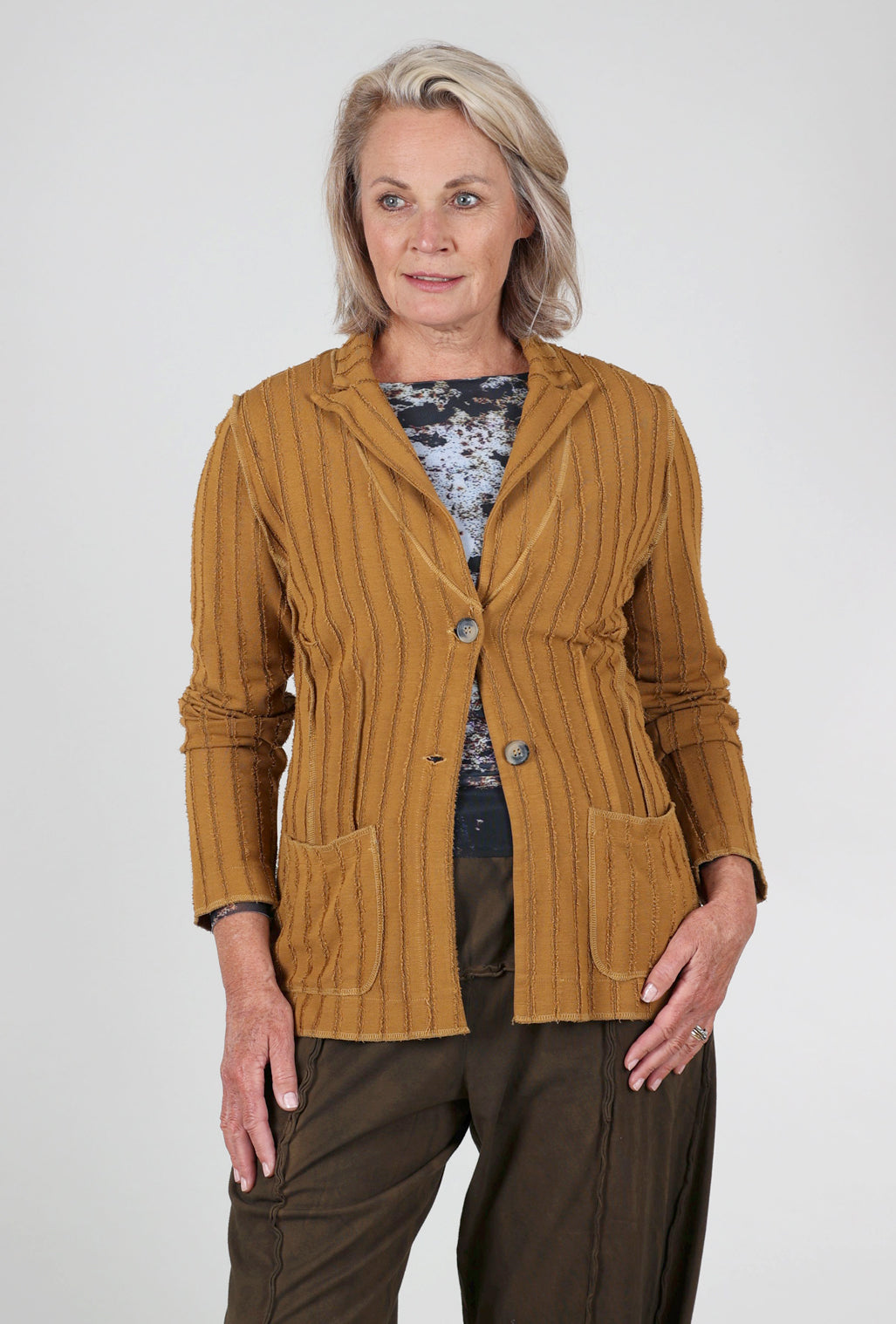 Cut Loose Frayed Stripe Fitted Blazer, Brass 