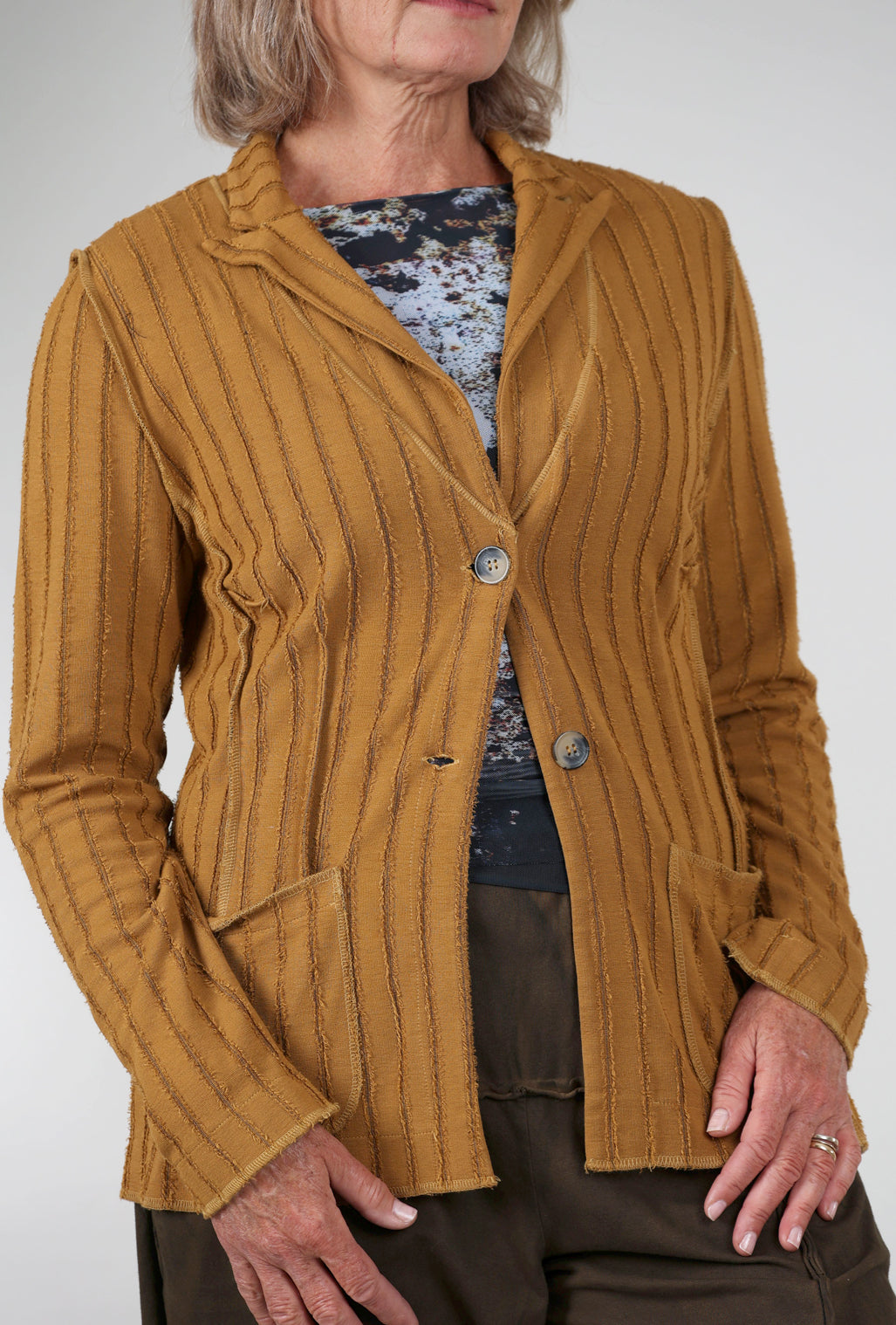 Cut Loose Frayed Stripe Fitted Blazer, Brass 