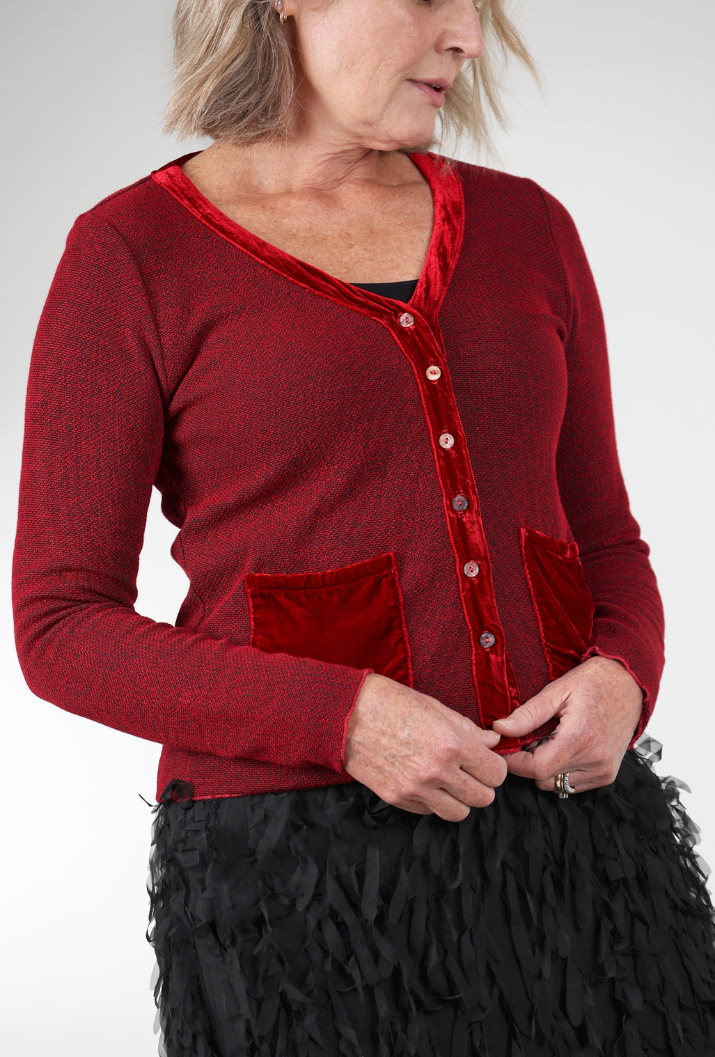 Cut Loose Marble Knit Velvet Pocket Sweater, Cardinal Red 