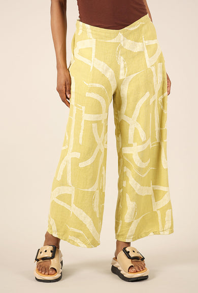 Fenini Linen Print Flat Front Crop Pant, Pear 