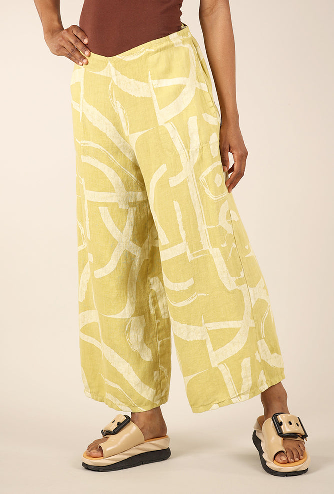 Fenini Linen Print Flat Front Crop Pant, Pear 