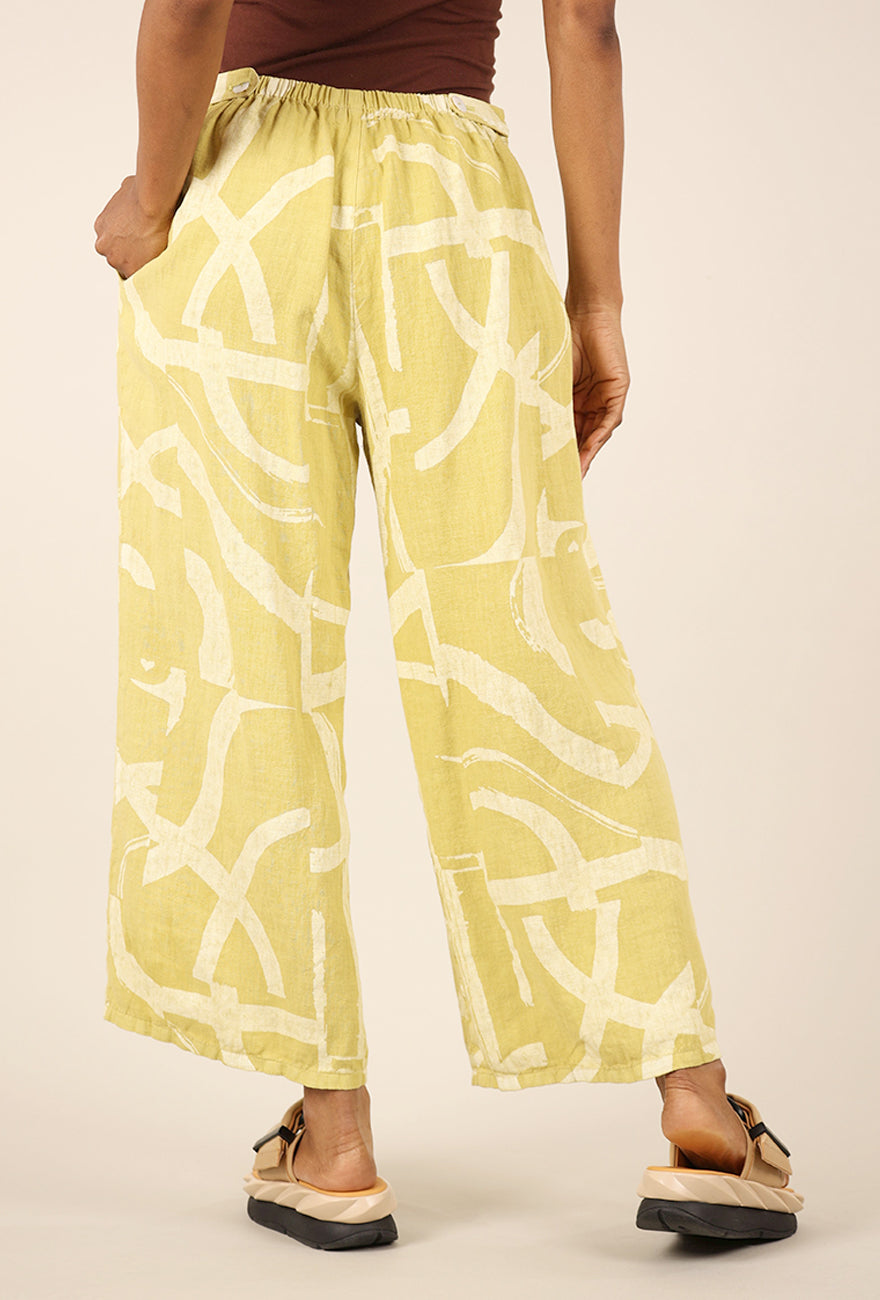 Fenini Linen Print Flat Front Crop Pant, Pear 