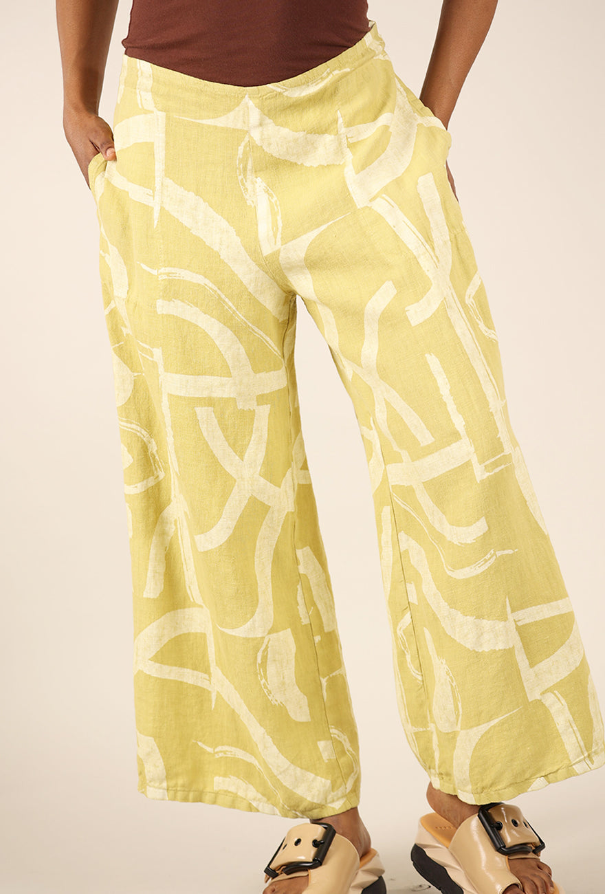 Fenini Linen Print Flat Front Crop Pant, Pear 