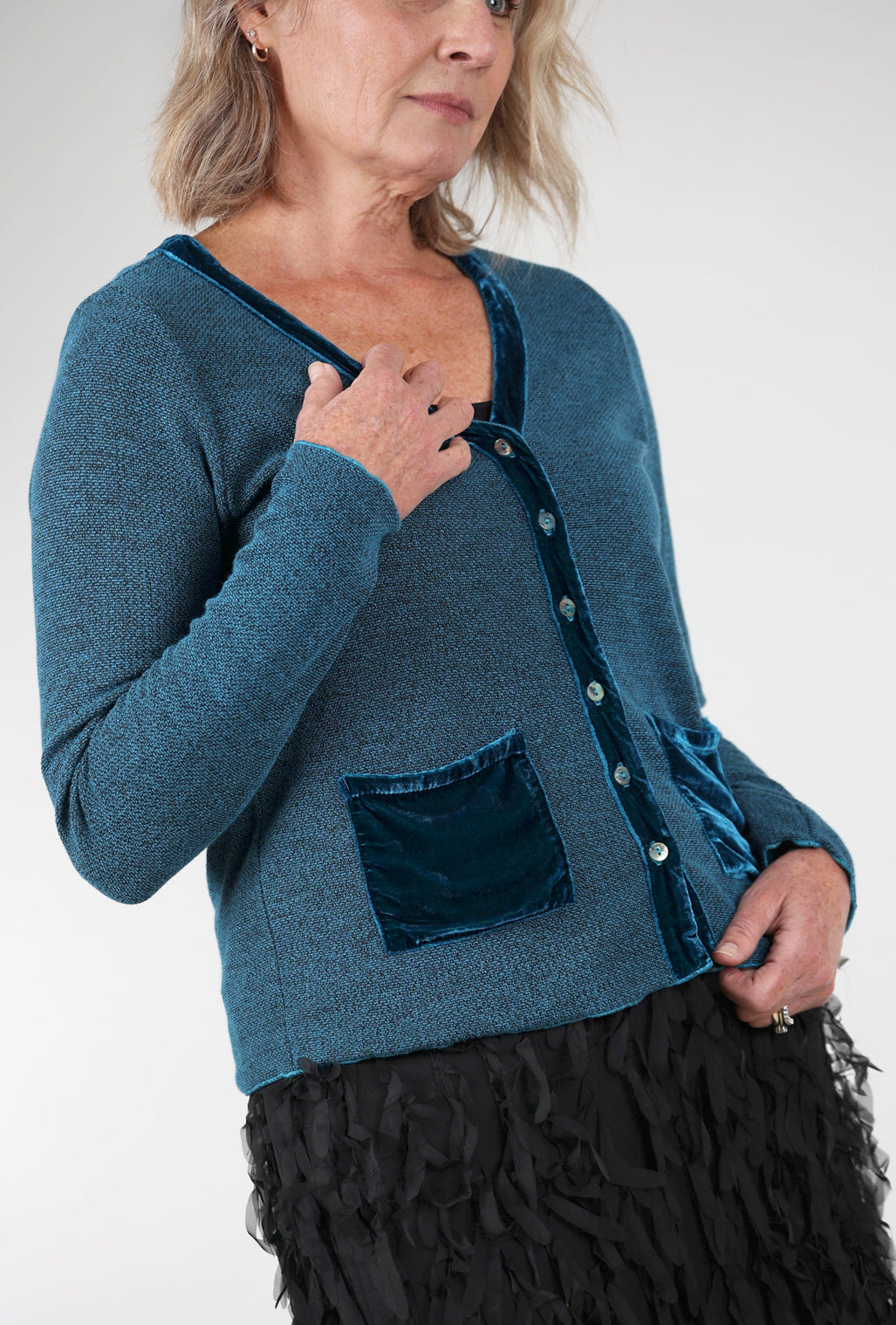 Cut Loose Marble Knit Velvet Pocket Sweater, Undersea 